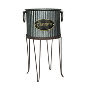 Set of 2 Rustic Farmhouse Corrugated Galvanized Grey Metal Round Indoor/Outdoor Garden Planters with Stands Plant Pots