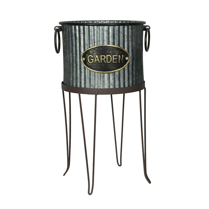 Set of 2 Rustic Farmhouse Corrugated Galvanized Grey Metal Round Indoor/Outdoor Garden Planters with Stands Plant Pots