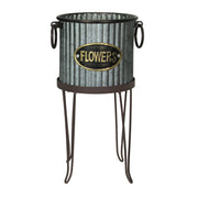 Set of 2 Rustic Farmhouse Corrugated Galvanized Grey Metal Round Indoor/Outdoor Garden Planters with Stands Plant Pots