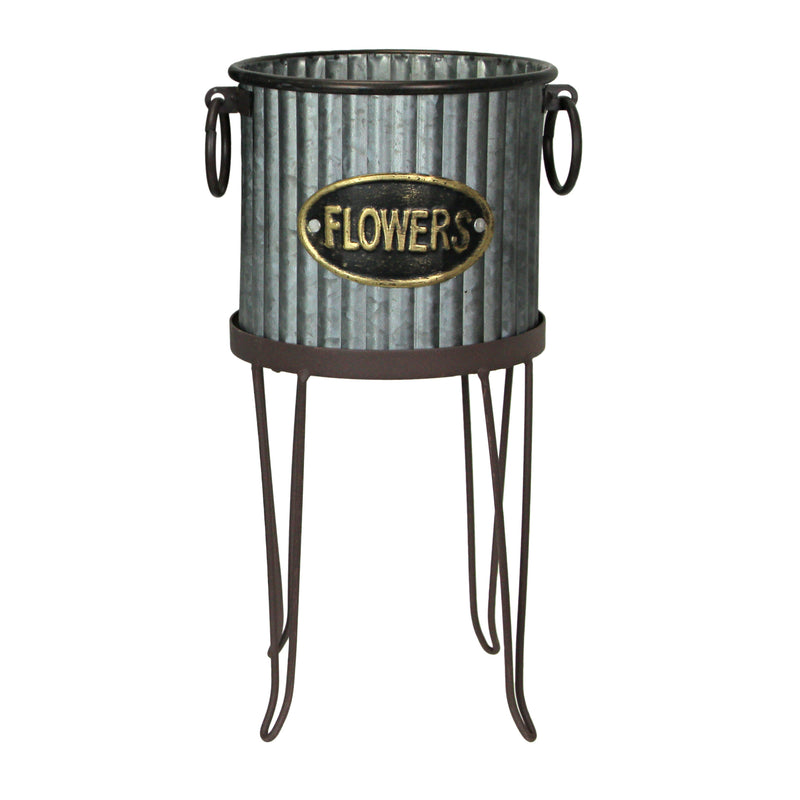 Set of 2 Rustic Farmhouse Corrugated Galvanized Grey Metal Round Indoor/Outdoor Garden Planters with Stands Plant Pots