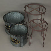 Set of 2 Rustic Farmhouse Corrugated Galvanized Grey Metal Round Indoor/Outdoor Garden Planters with Stands Plant Pots