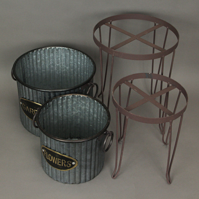 Set of 2 Rustic Farmhouse Corrugated Galvanized Grey Metal Round Indoor/Outdoor Garden Planters with Stands Plant Pots
