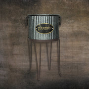 Set of 2 Rustic Farmhouse Corrugated Galvanized Grey Metal Round Indoor/Outdoor Garden Planters with Stands Plant Pots