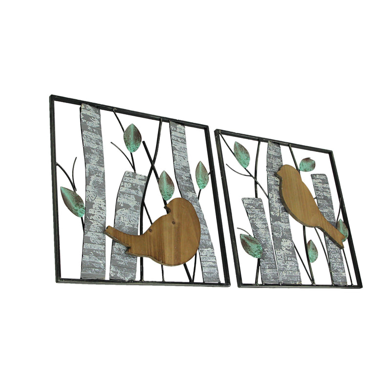 Multicolored - Image 2 - Set of 2 Rustic Wood & Metal Bird-Themed Wall Sculptures - Nature-Inspired Country Farmhouse Hanging