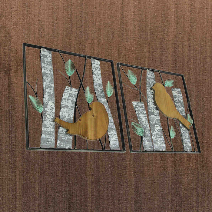 Multicolored - Image 6 - Set of 2 Rustic Green Wood & Metal Leaf Birds & Branches Wall Sculpture Art Decor