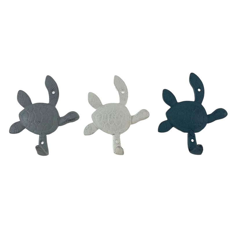 Set of 3 Decorative Cast Iron Sea Turtle Wall Hook Set – Coastal Blue, Gray, White Finishes – Ideal for Keys, Towels, Light