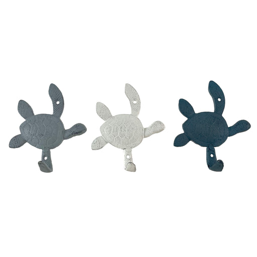 Decorative Cast Iron Sea Turtle Wall Hook Set – Coastal Blue, Gray, White Finishes – Ideal for Keys, Towels, Light Coats,