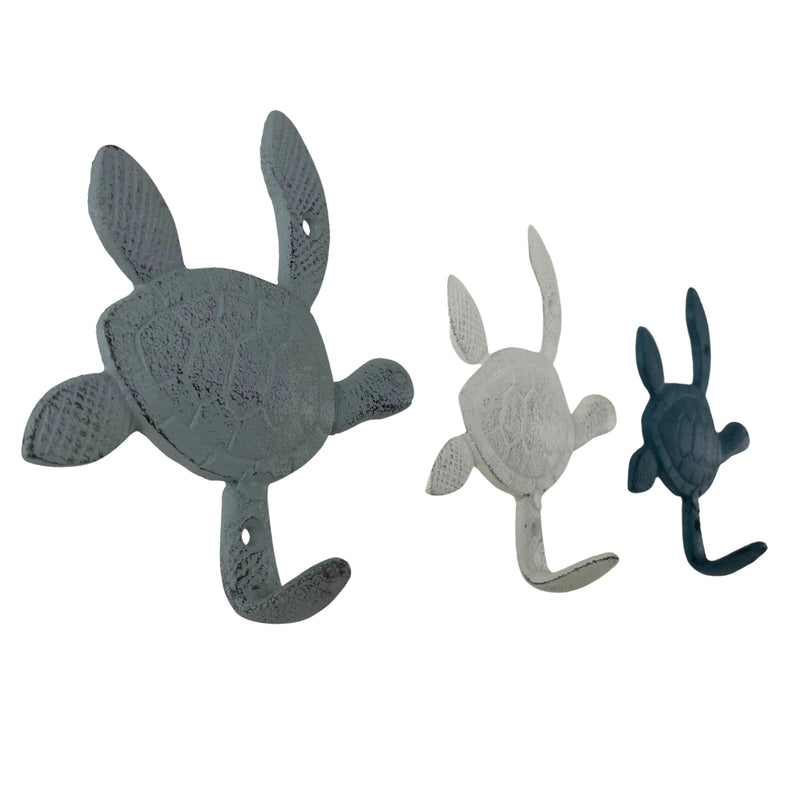 Set of 3 Decorative Cast Iron Sea Turtle Wall Hook Set – Coastal Blue, Gray, White Finishes – Ideal for Keys, Towels, Light