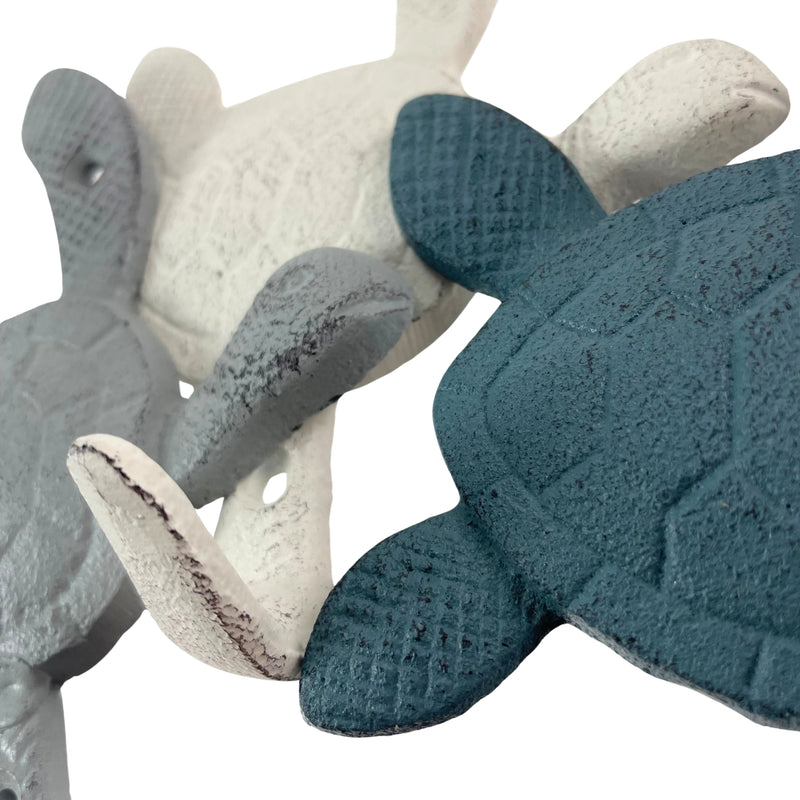Set of 3 Decorative Cast Iron Sea Turtle Wall Hook Set – Coastal Blue, Gray, White Finishes – Ideal for Keys, Towels, Light