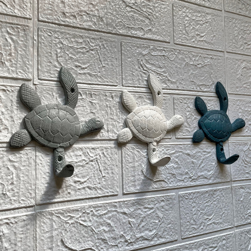 Set of 3 Decorative Cast Iron Sea Turtle Wall Hook Set – Coastal Blue, Gray, White Finishes – Ideal for Keys, Towels, Light