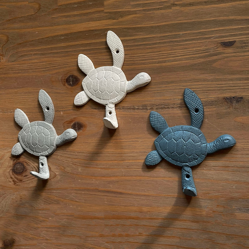 Set of 3 Decorative Cast Iron Sea Turtle Wall Hook Set – Coastal Blue, Gray, White Finishes – Ideal for Keys, Towels, Light