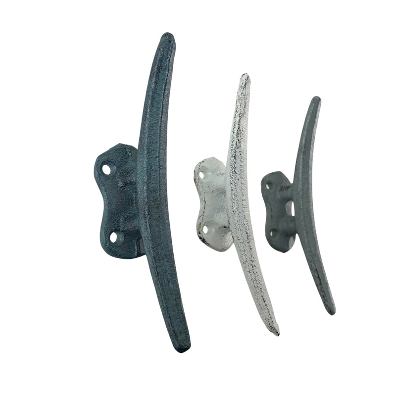 Set of 3 Cast Iron Boat Cleat Wall Hooks in Coastal Blue, Gray, and White – 5.5-Inch Decorative Nautical Hooks for Towel,