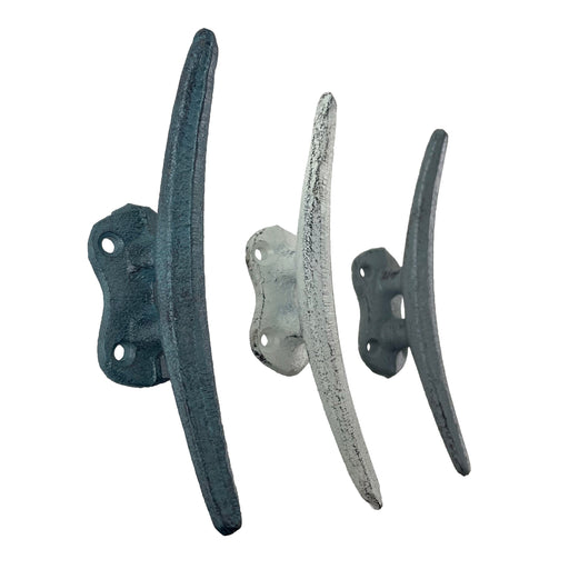 Set of 3 Cast Iron Boat Cleat Wall Hooks in Coastal Blue, Gray, and White – 5.5-Inch Decorative Nautical Hooks for Towel,