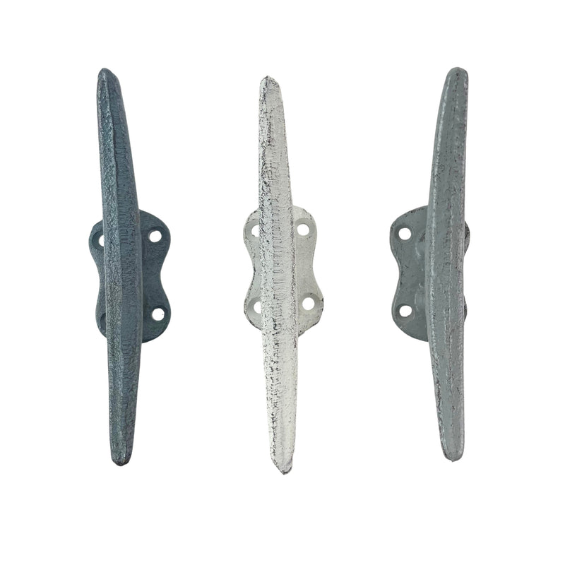 Set of 3 Cast Iron Boat Cleat Wall Hooks in Coastal Blue, Gray, and White – 5.5-Inch Decorative Nautical Hooks for Towel,