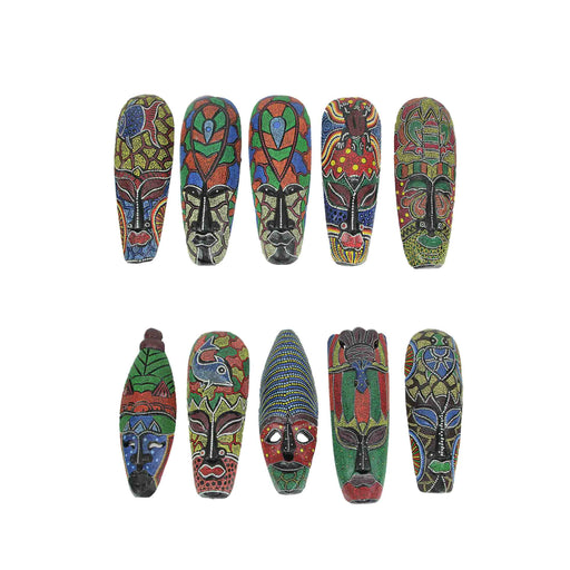 Set of 10 Hand-Carved Wooden Tribal Dot-Painted Wall Masks - Each 12 Inches High - Vibrant Collection of Artisan Crafted