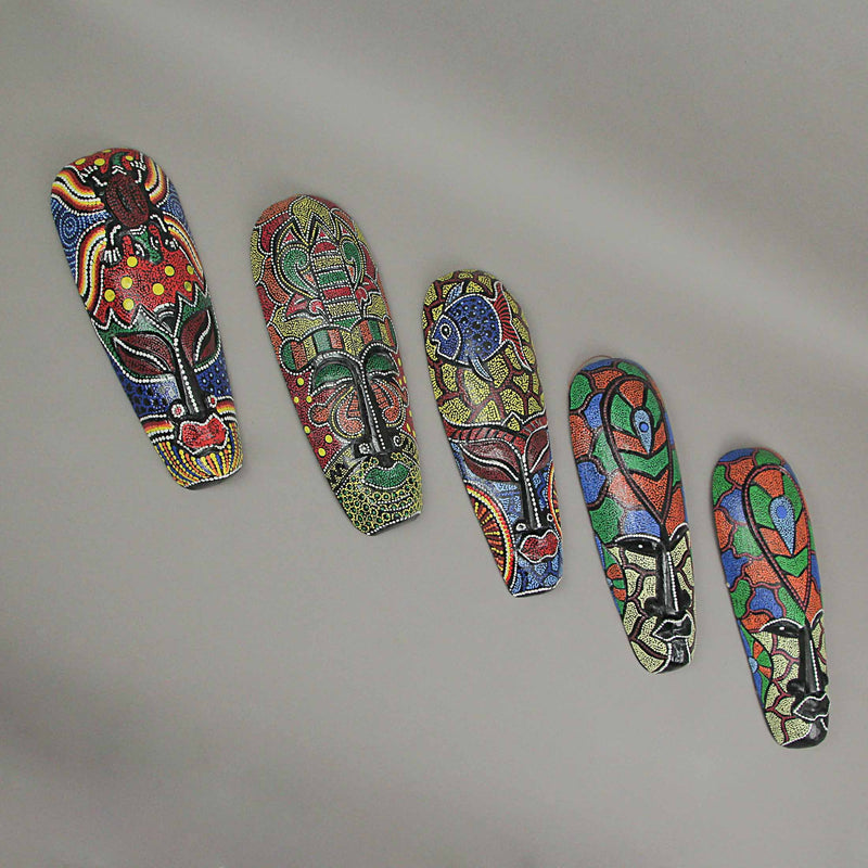 Set of 10 Hand-Carved Wooden Tribal Dot-Painted Wall Masks - Each 12 Inches High - Vibrant Collection of Artisan Crafted