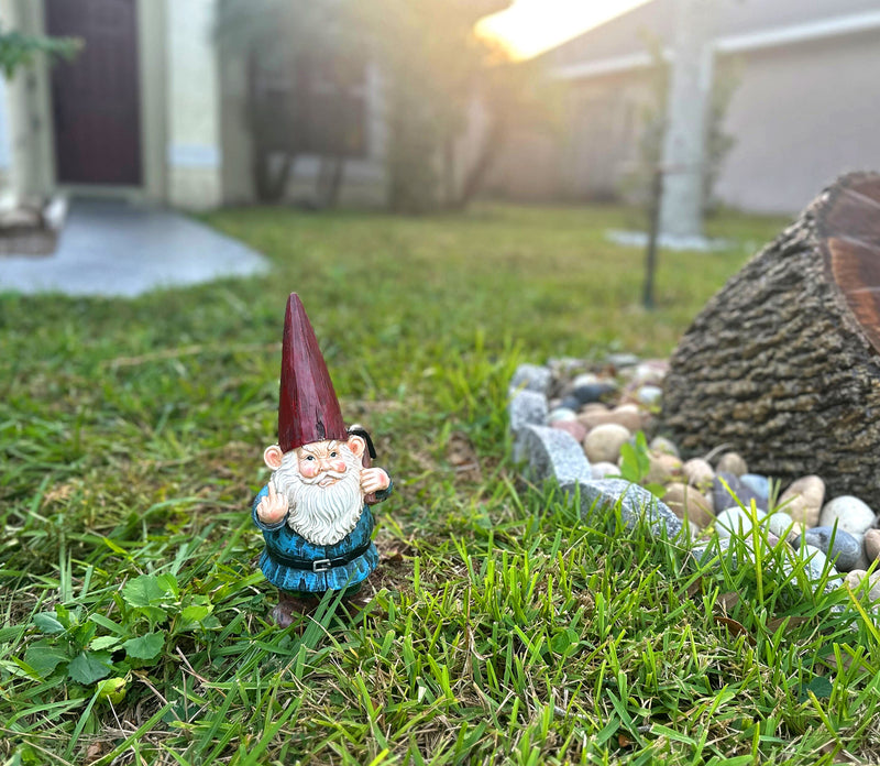 12 Inch Grumpy Gnome Holding Pick Axe Garden Statue - Rude Hand Gesture Outdoor Garden Decor - Resin Home Decor Yard or Go