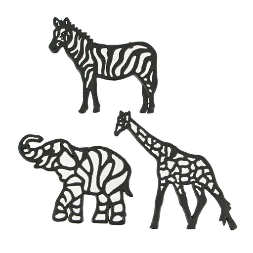 Set of 3 Black Cast Iron Animal Trivets - Elephant, Zebra, Giraffe - Perfect for Kitchen Use or Decorative Wall Hangings, 9