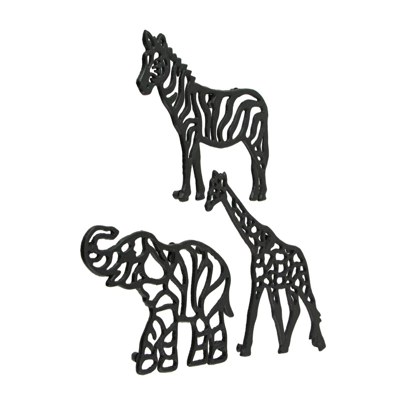 Set of 3 Black Cast Iron Animal Trivets - Elephant, Zebra, Giraffe - Perfect for Kitchen Use or Decorative Wall Hangings, 9