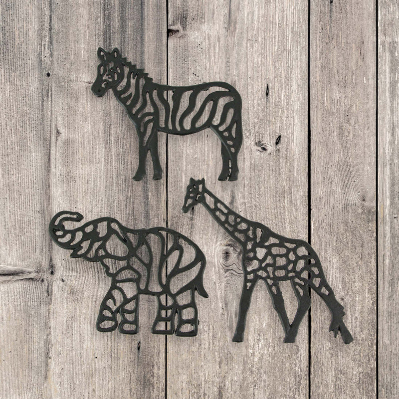 Set of 3 Black Cast Iron Animal Trivets - Elephant, Zebra, Giraffe - Perfect for Kitchen Use or Decorative Wall Hangings, 9