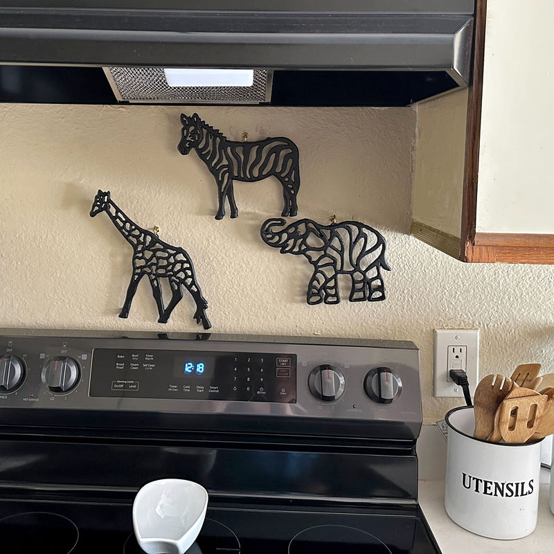 Set of 3 Black Cast Iron Animal Trivets - Elephant, Zebra, Giraffe - Perfect for Kitchen Use or Decorative Wall Hangings, 9