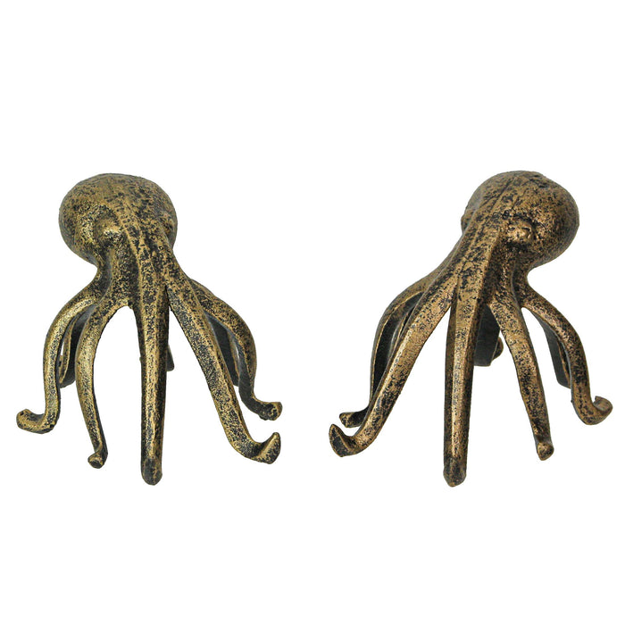 Pair of Antique Gold Cast Iron Octopus Bookends - Nautical or Coastal Decorative Home Decor and Organizational Accent - 6.25