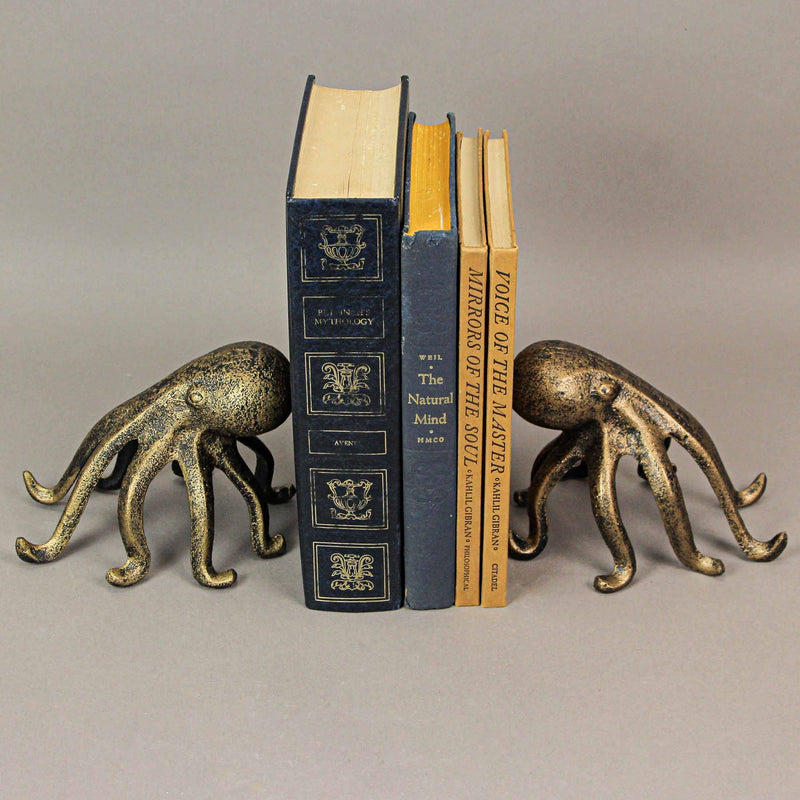 Pair of Antique Gold Cast Iron Octopus Bookends - Nautical or Coastal Decorative Home Decor and Organizational Accent - 6.25