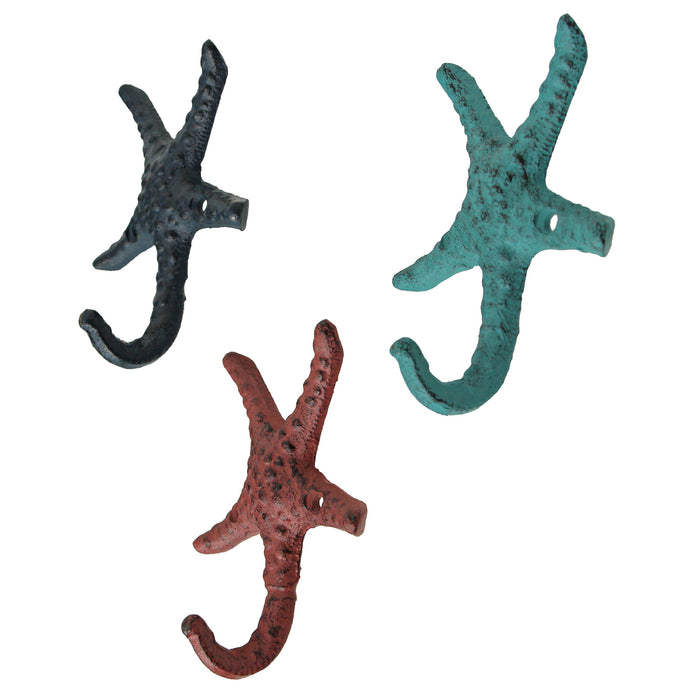 Coral - Image 2 - Set of 3 Cast Iron Blue and Coral Orange Starfish Decorative Wall Hooks: Towel, Hat, Key Hangers for Beach