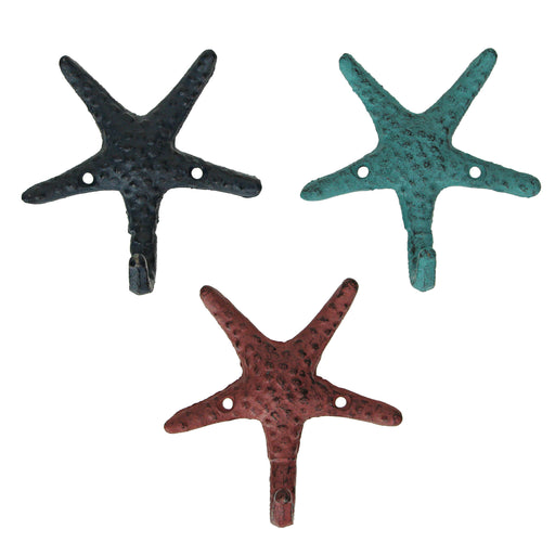 Coral - Image 1 - Set of 3 Cast Iron Blue and Coral Orange Starfish Decorative Wall Hooks: Towel, Hat, Key Hangers for Beach