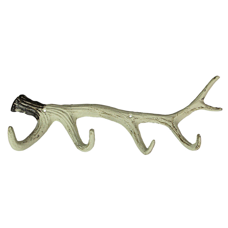 Painted Brown and White Cast Iron Deer Antler Wall Mounted Hook Rack Coat Towel Key Hat Hanger - Easy Install - Lodge, Cabin