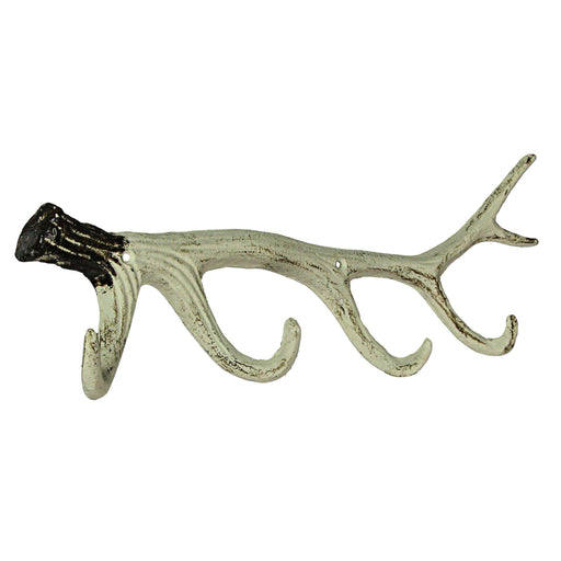 Painted Brown and White Cast Iron Deer Antler Wall Mounted Hook Rack Coat Towel Key Hat Hanger - Easy Install - Lodge, Cabin