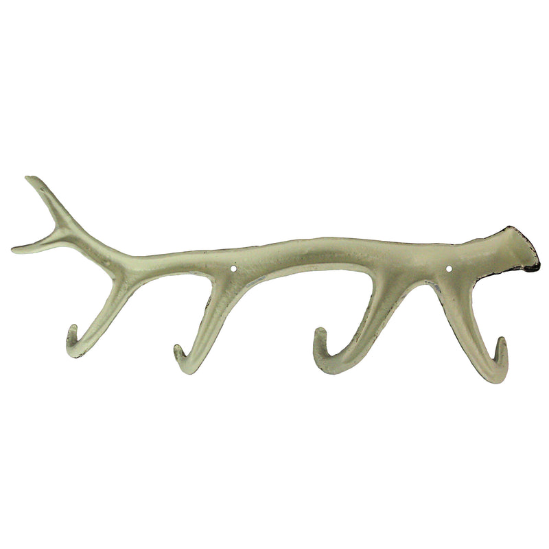 Painted Brown and White Cast Iron Deer Antler Wall Mounted Hook Rack Coat Towel Key Hat Hanger - Easy Install - Lodge, Cabin