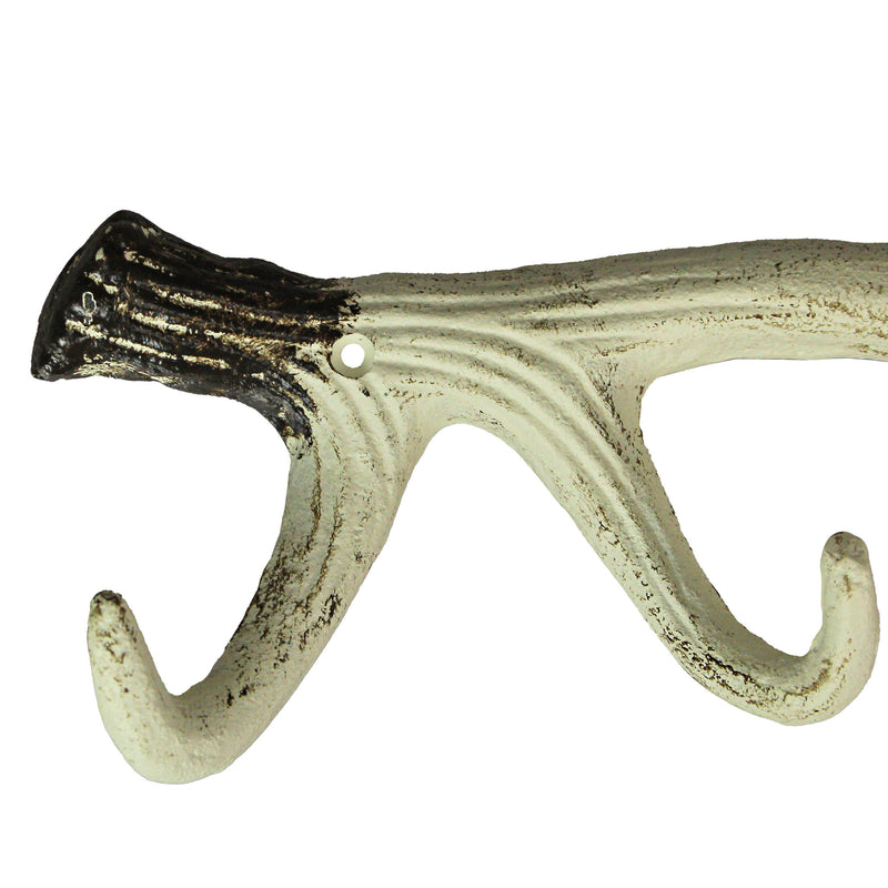 Painted Brown and White Cast Iron Deer Antler Wall Mounted Hook Rack Coat Towel Key Hat Hanger - Easy Install - Lodge, Cabin
