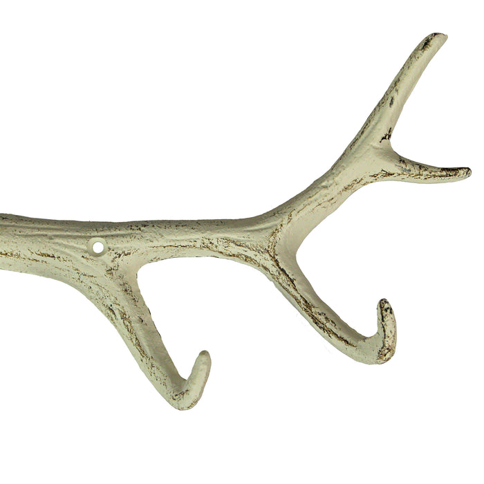 Painted Brown and White Cast Iron Deer Antler Wall Mounted Hook Rack Coat Towel Key Hat Hanger - Easy Install - Lodge, Cabin