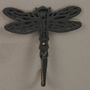 Set of 3 Cast Iron Dragonfly Wall Hooks - Antique Gold Finish, Easy Install - Nature-Inspired Decorative Hooks for a