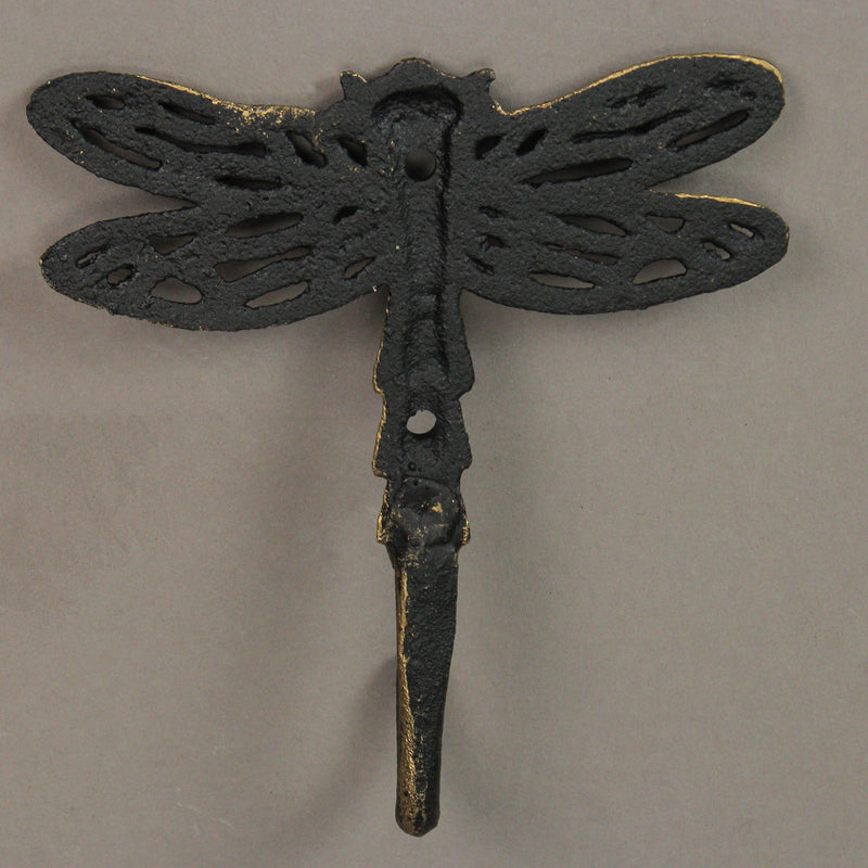 Set of 3 Cast Iron Dragonfly Wall Hooks - Antique Gold Finish, Easy Install - Nature-Inspired Decorative Hooks for a