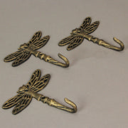 Set of 3 Cast Iron Dragonfly Wall Hooks - Antique Gold Finish, Easy Install - Nature-Inspired Decorative Hooks for a