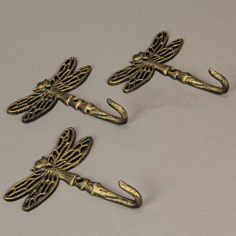Set of 3 Cast Iron Dragonfly Wall Hooks - Antique Gold Finish, Easy Install - Nature-Inspired Decorative Hooks for a