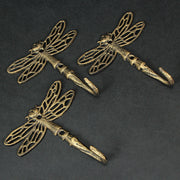 Set of 3 Cast Iron Dragonfly Wall Hooks - Antique Gold Finish, Easy Install - Nature-Inspired Decorative Hooks for a