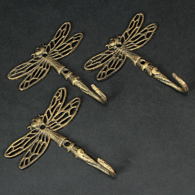 Set of 3 Cast Iron Dragonfly Wall Hooks - Antique Gold Finish, Easy Install - Nature-Inspired Decorative Hooks for a
