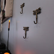 Set of 3 Cast Iron Dragonfly Wall Hooks - Antique Gold Finish, Easy Install - Nature-Inspired Decorative Hooks for a
