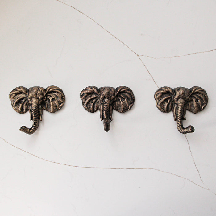 4 Inch Cast Iron Elephant Wall Hooks Set of 3 - Antique Gold Decorative Coat Towel Key Hanger for Home Decor Image 2
