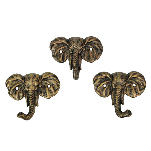 4 Inch Cast Iron Elephant Wall Hooks Set of 3 - Antique Gold Decorative Coat Towel Key Hanger for Home Decor Image 1