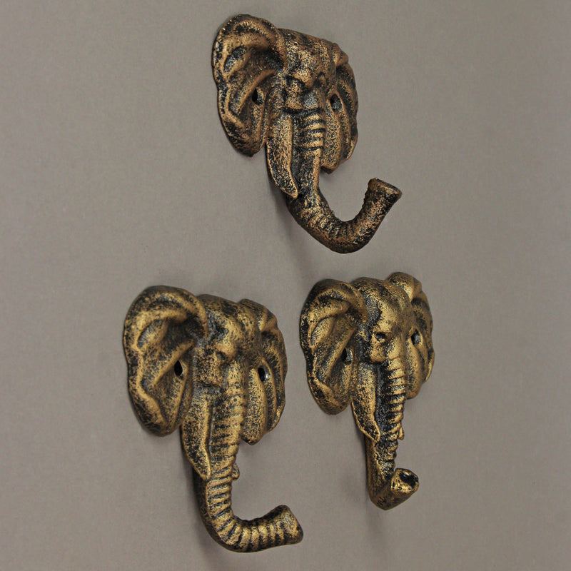 Set of 3 Cast Iron Elephant Antique Gold Wall Hooks - Stylish, Durable, and Functional Decorative Hooks for Organizing Hats,