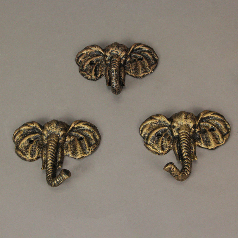 Set of 3 Cast Iron Elephant Antique Gold Wall Hooks - Stylish, Durable, and Functional Decorative Hooks for Organizing Hats,