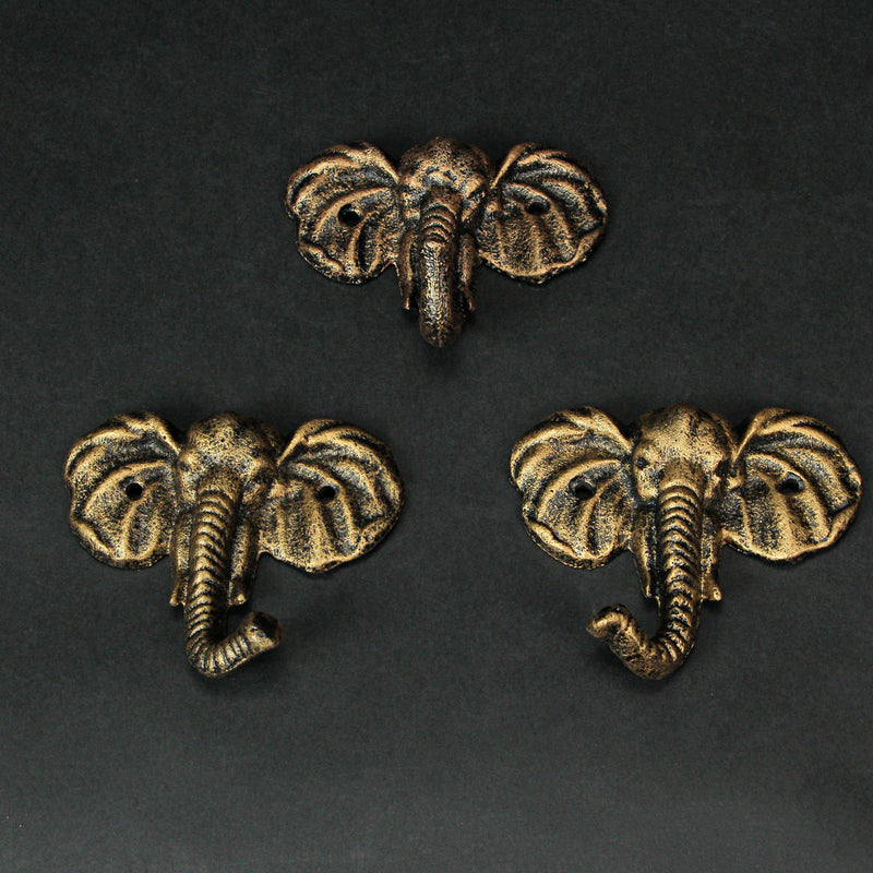 Set of 3 Cast Iron Elephant Antique Gold Wall Hooks - Stylish, Durable, and Functional Decorative Hooks for Organizing Hats,