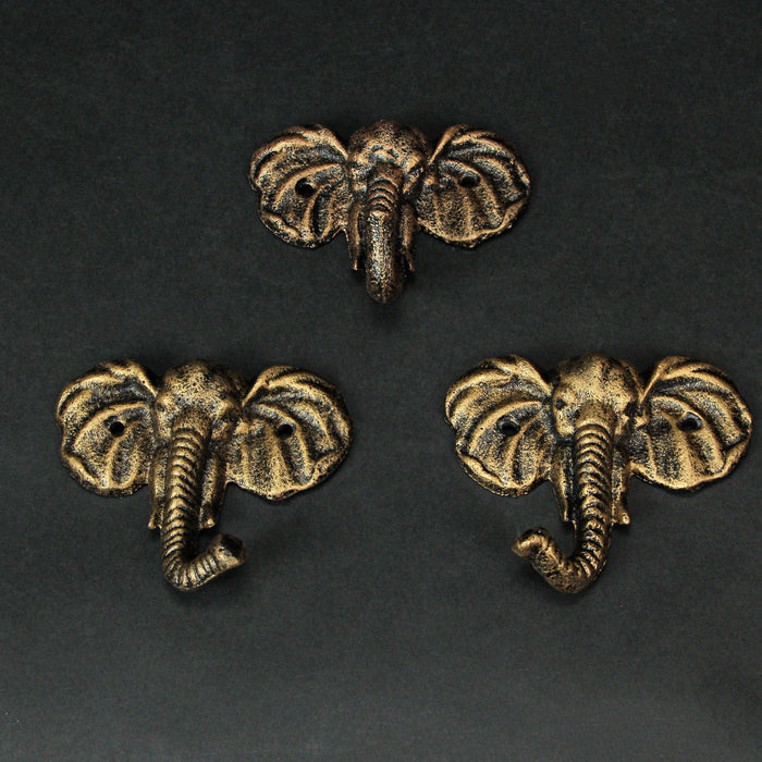 4 Inch Cast Iron Elephant Wall Hooks Set of 3 - Antique Gold Decorative Coat Towel Key Hanger for Home Decor Image 8