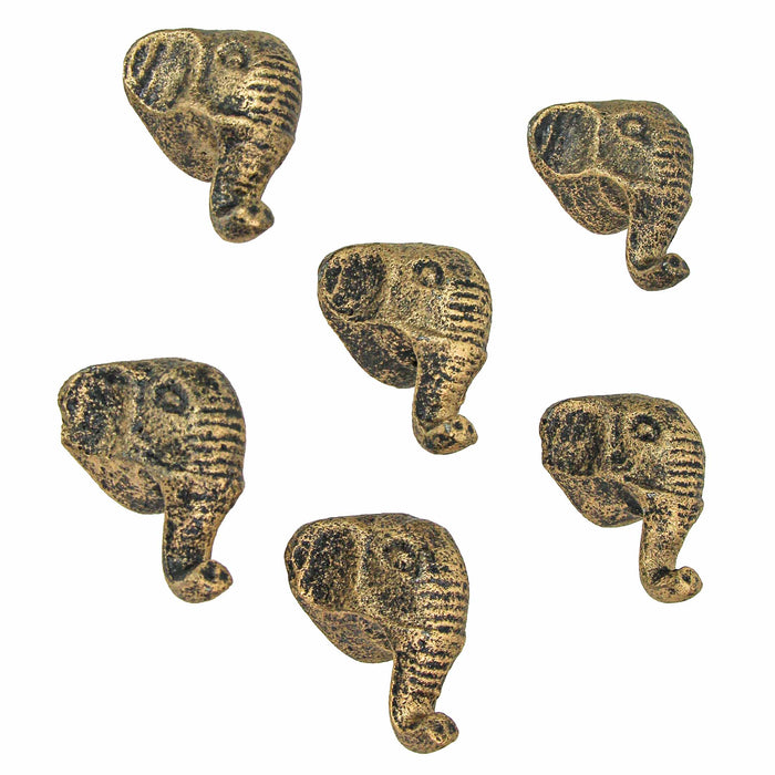 Set of 6 Antique Gold Finish Cast Iron Elephant Head Cabinet Knobs Decorative Drawer Pulls - 2 Inches Tall, Easy Install -