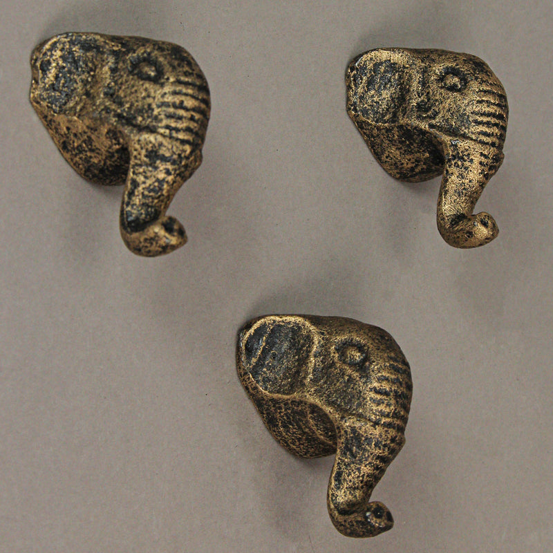 Set of 6 Antique Gold Finish Cast Iron Elephant Head Cabinet Knobs Decorative Drawer Pulls - 2 Inches Tall, Easy Install -