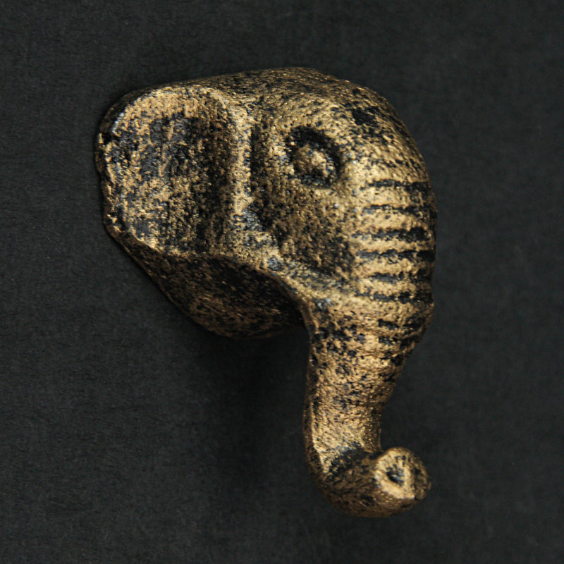 Set of 6 Antique Gold Finish Cast Iron Elephant Head Cabinet Knobs Decorative Drawer Pulls - 2 Inches Tall, Easy Install -